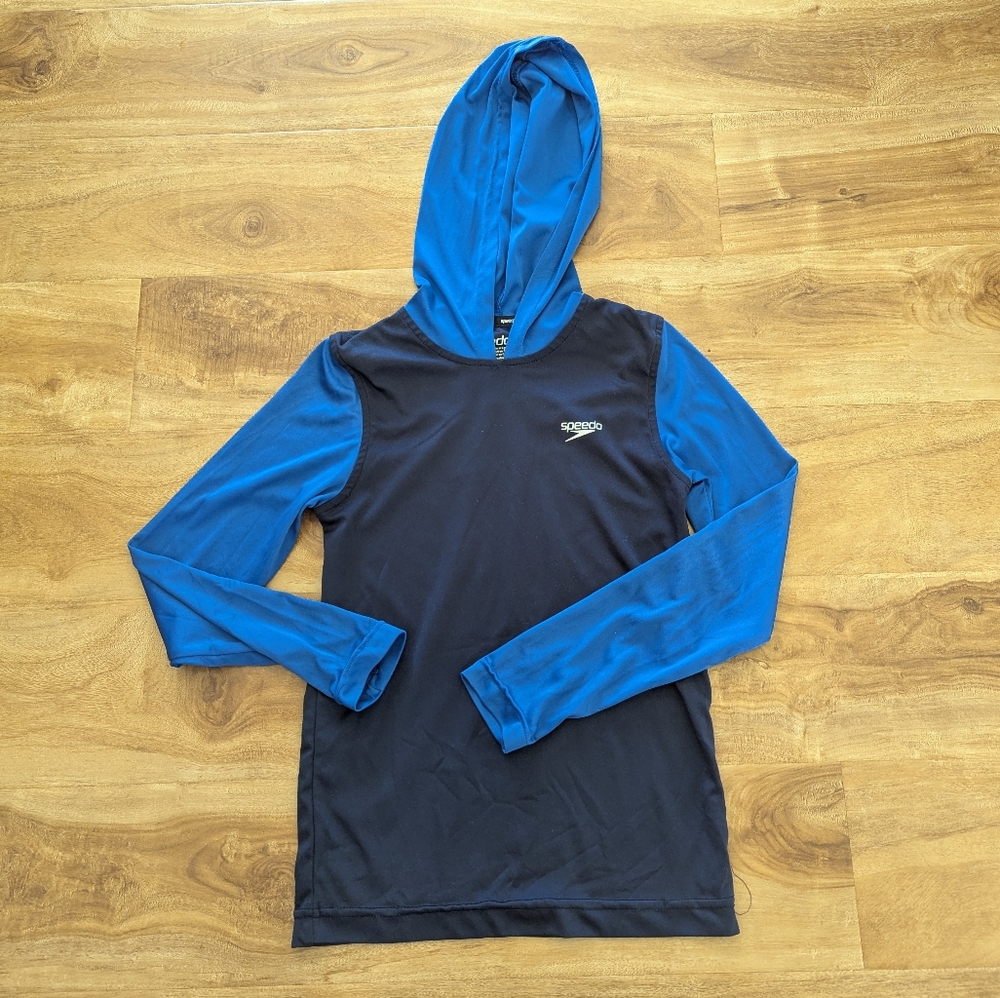 Speedo Boys Size S Hooded Long Sleeve Rashguard Swim Shirt Navy Blue